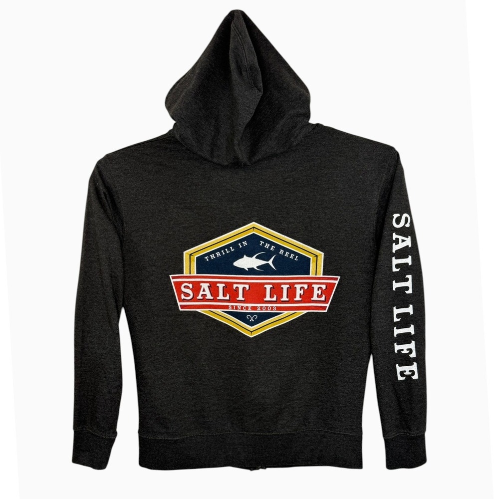 Salt Life Men's M Charcoal Full Zip Hoodie Thrill in the Reel Fish Graphic